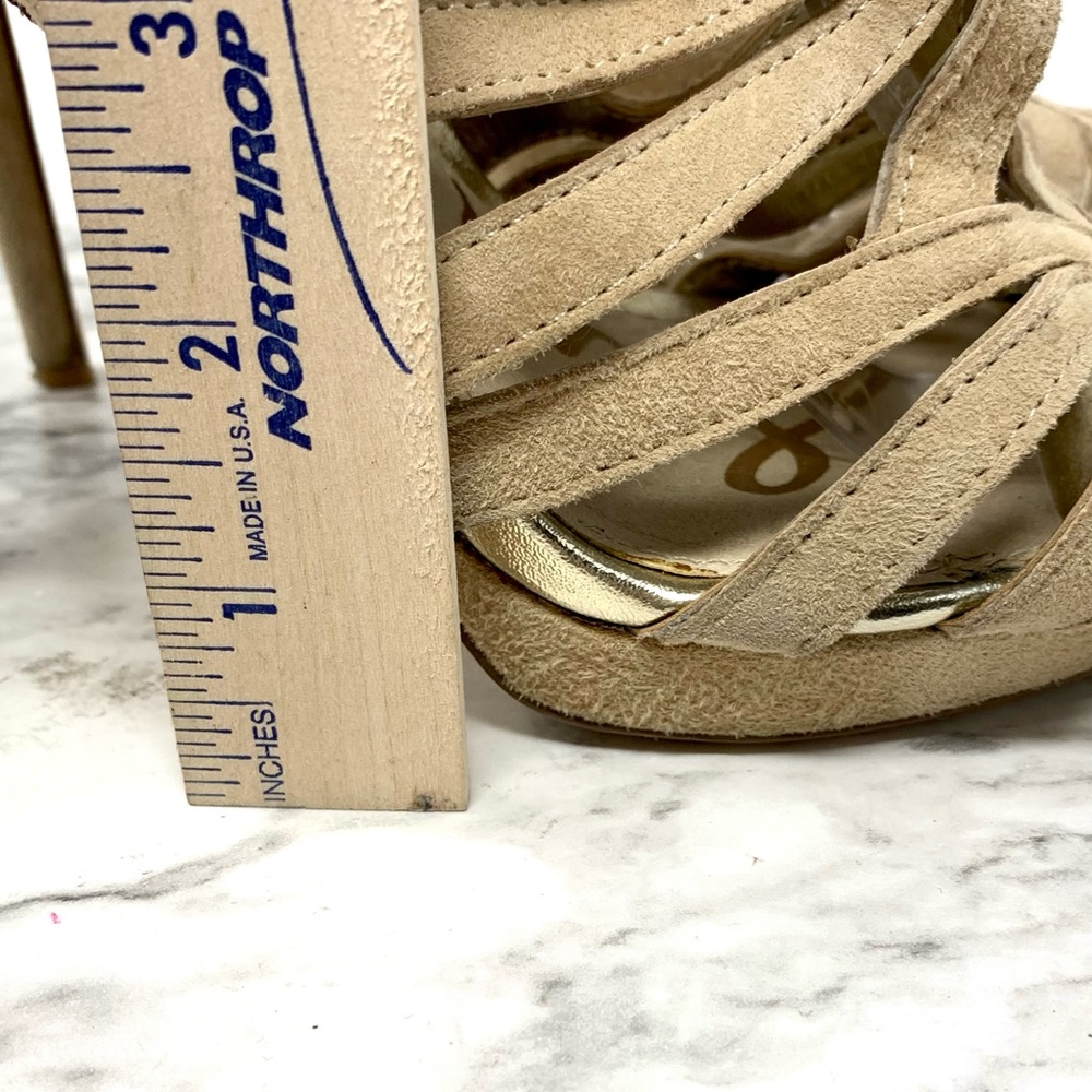 Sam Edelman Eve Cutout Peep Toe Tan Suede Platform Cage Pumps 7.5 Y2K Cocktail - Picture 13 of 16